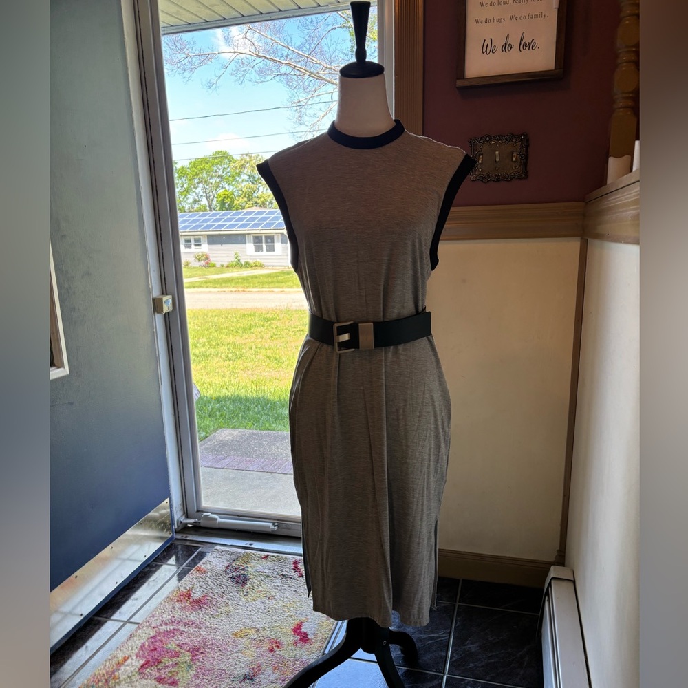Sleek Sleeveless Gray Dress with black trim on arm holes & neckline Belted Dress